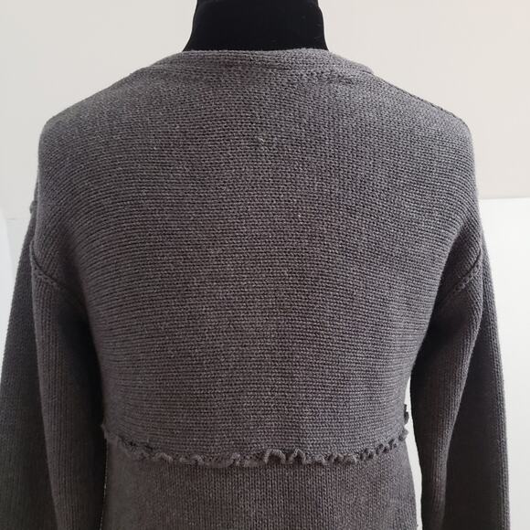 J. Jill Cotton Chunky Knit V Neck Gray Ruffle Seam Cardigan Sweater Medium - Picture 8 of 12